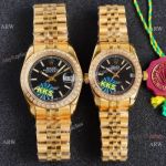 Swiss Quality Replica Rolex Datejust Lovers Watch All Gold Black Set with Diamonds